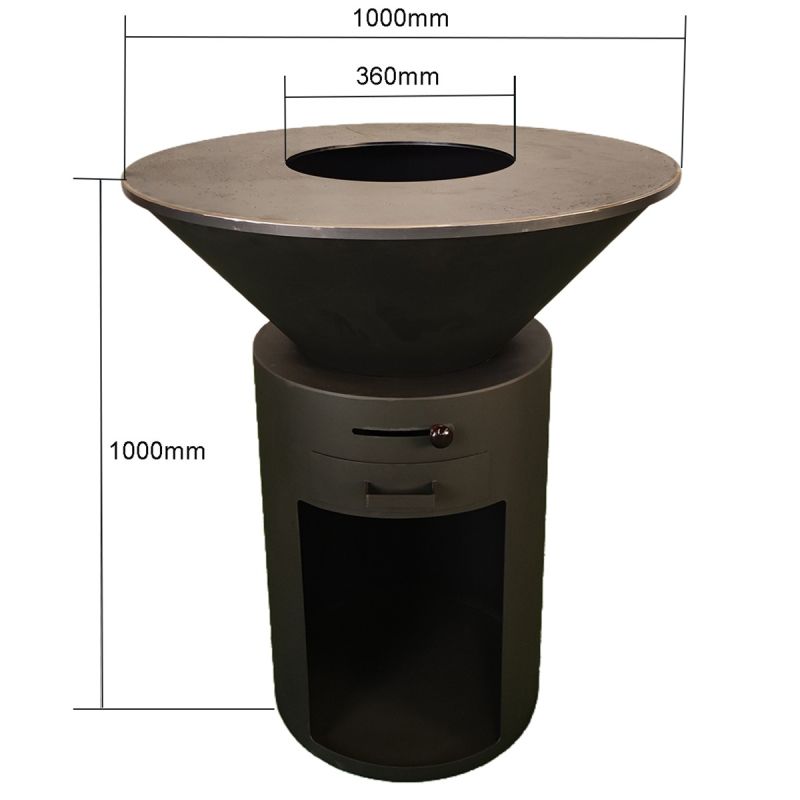 Gratar pe lemn cu plita mare din fonta, depozitare lemne, otel corten, diametru 100 sau 85 cm, Negru, Infinity Glow