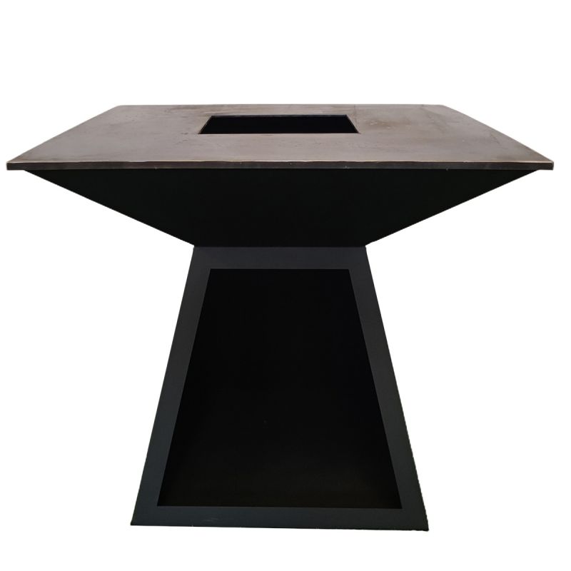 Gratar pe lemn cu plita mare din fonta, otel corten 2 mm, spatiu pentru lemne, 100x100x90 cm, Negru, Rustico