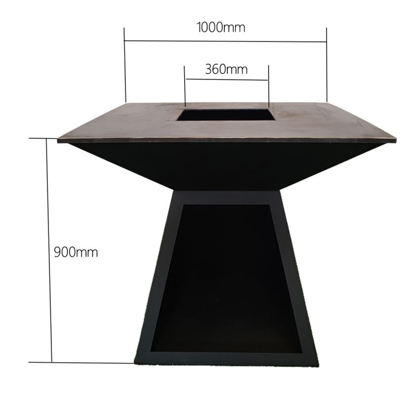 Gratar pe lemn cu plita mare din fonta, otel corten 2 mm, spatiu pentru lemne, 100x100x90 cm, Negru, Rustico