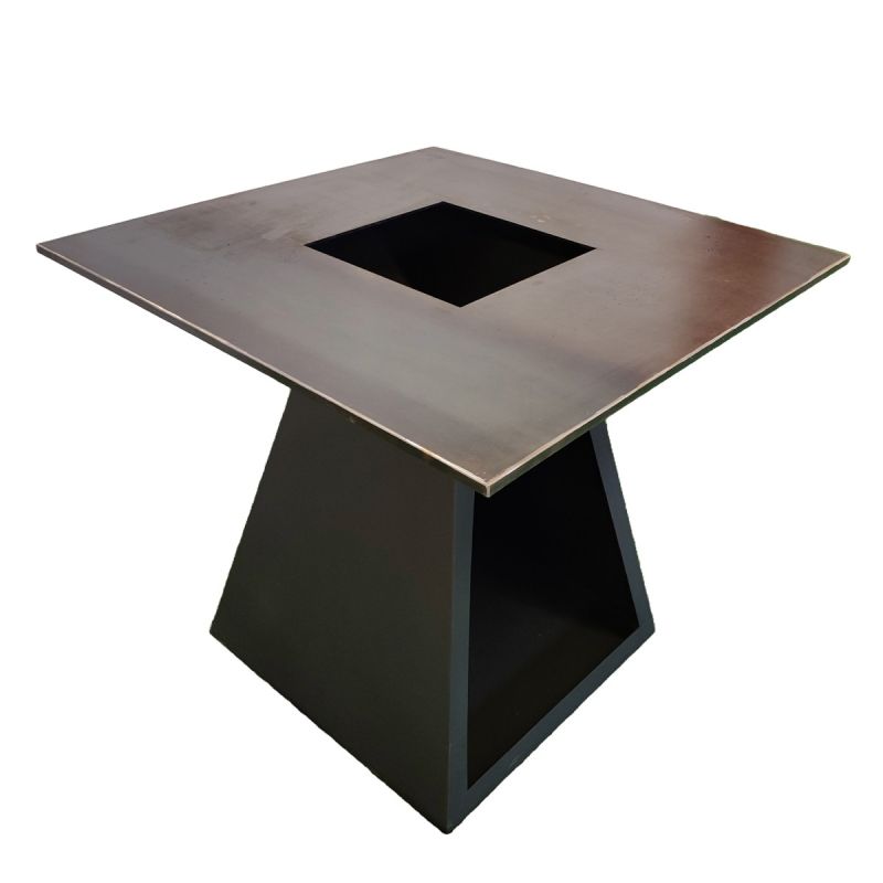 Gratar pe lemn cu plita mare din fonta, otel corten 2 mm, spatiu pentru lemne, 100x100x90 cm, Negru, Rustico