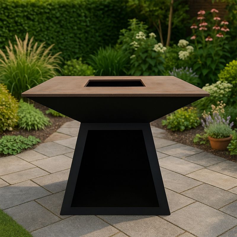 Gratar pe lemn cu plita mare din fonta, otel corten 2 mm, spatiu pentru lemne, 100x100x90 cm, Negru, Rustico