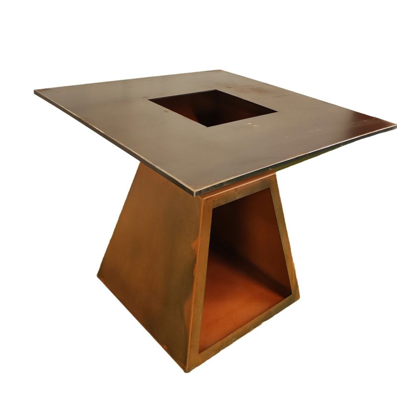 Gratar pe lemn cu plita mare din fonta , otel corten de 2 mm, spatiu pentru lemne, 100x100x90 cm, Ruginiu, Rustico