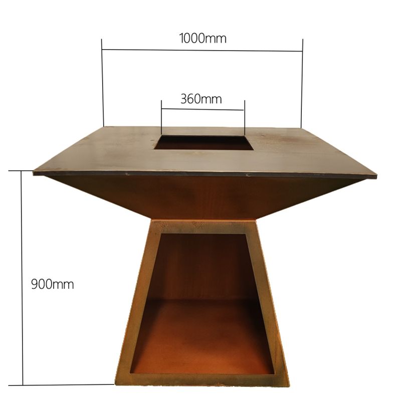 Gratar pe lemn cu plita mare din fonta , otel corten de 2 mm, spatiu pentru lemne, 100x100x90 cm, Ruginiu, Rustico