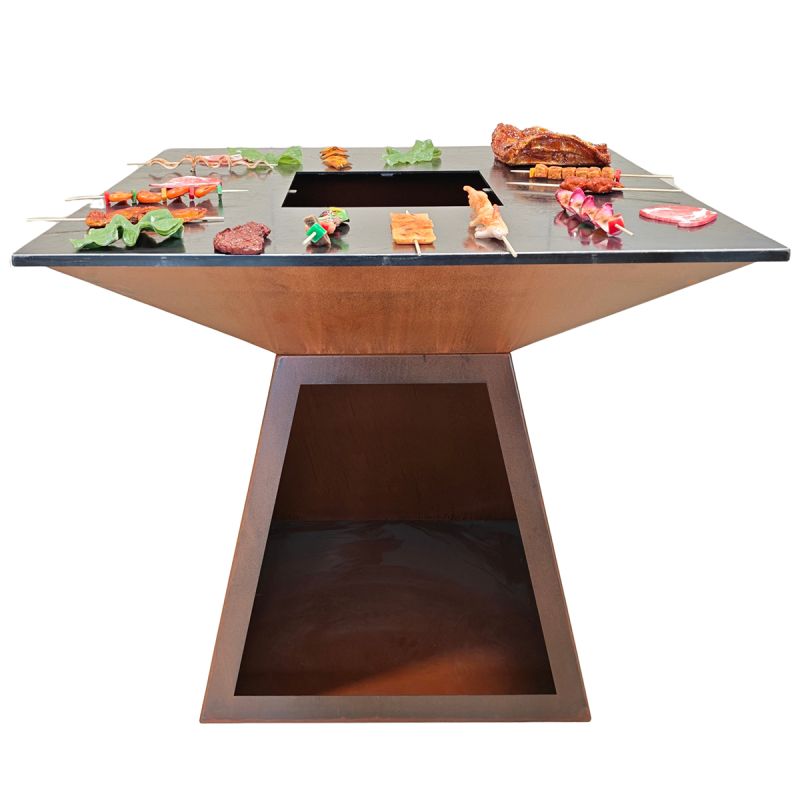 Gratar pe lemn cu plita mare din fonta , otel corten de 2 mm, spatiu pentru lemne, 100x100x90 cm, Ruginiu, Rustico