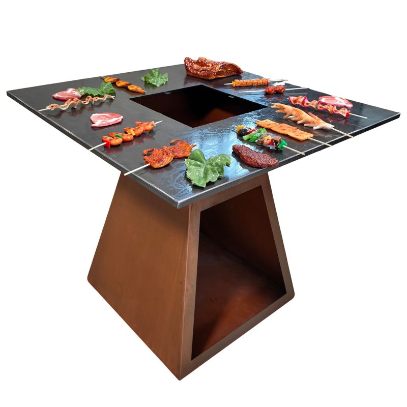 Gratar pe lemn cu plita mare din fonta , otel corten de 2 mm, spatiu pentru lemne, 100x100x90 cm, Ruginiu, Rustico