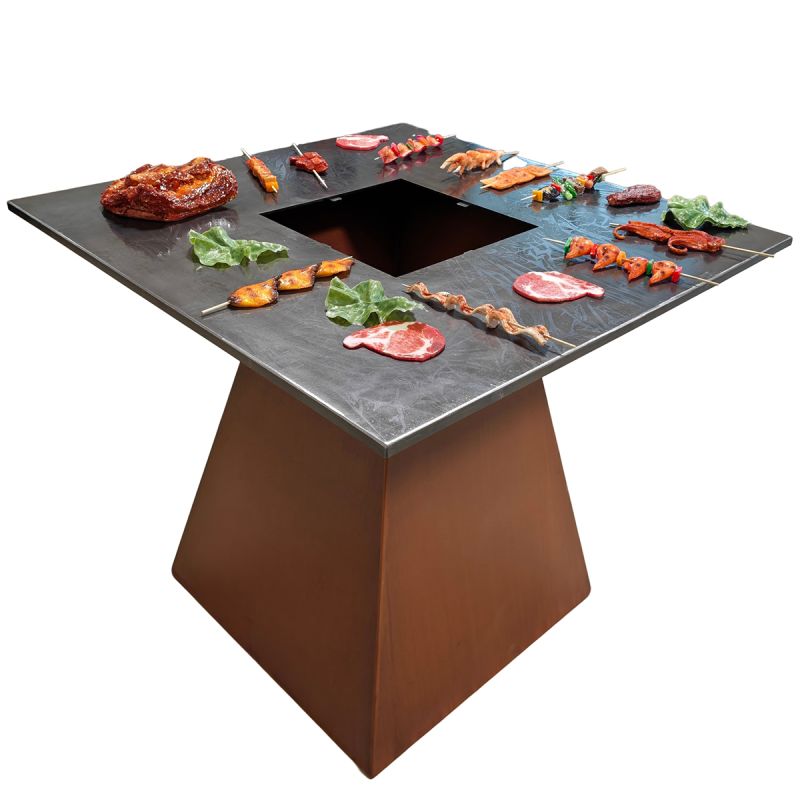 Gratar pe lemn cu plita mare din fonta , otel corten de 2 mm, spatiu pentru lemne, 100x100x90 cm, Ruginiu, Rustico