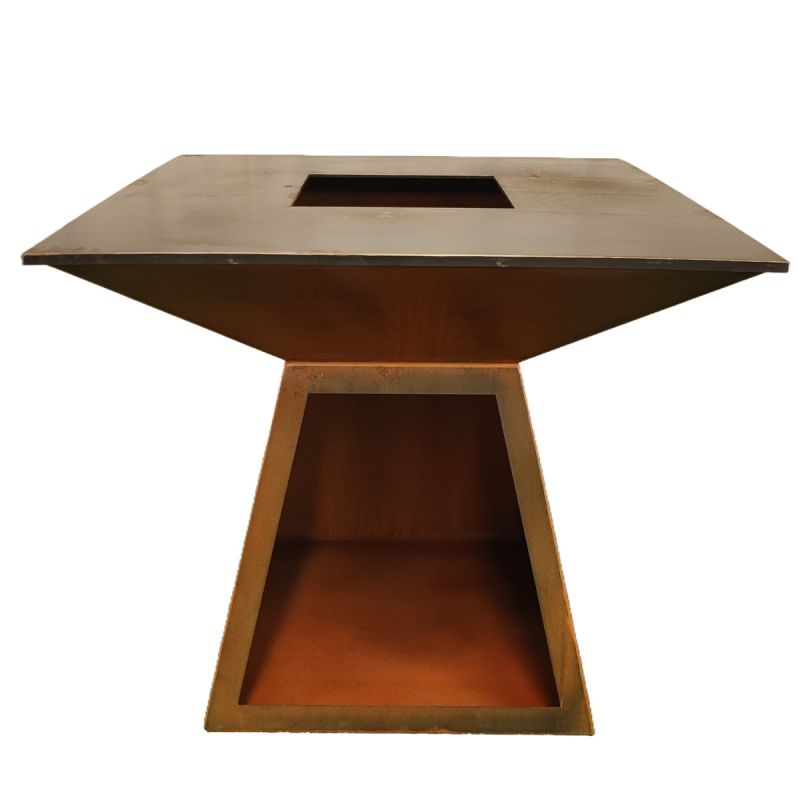 Gratar pe lemn cu plita mare din fonta , otel corten de 2 mm, spatiu pentru lemne, 100x100x90 cm, Ruginiu, Rustico