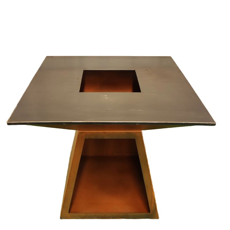 Gratar pe lemn cu plita mare din fonta , otel corten de 2 mm, spatiu pentru lemne, 100x100x90 cm, Ruginiu, Rustico