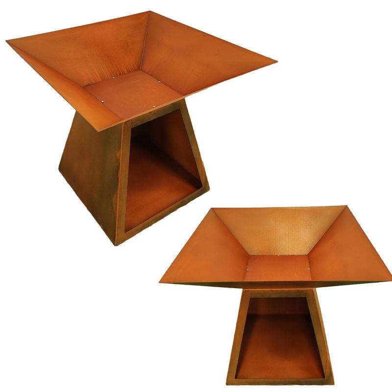 Gratar pe lemn cu plita mare din fonta , otel corten de 2 mm, spatiu pentru lemne, 100x100x90 cm, Ruginiu, Rustico