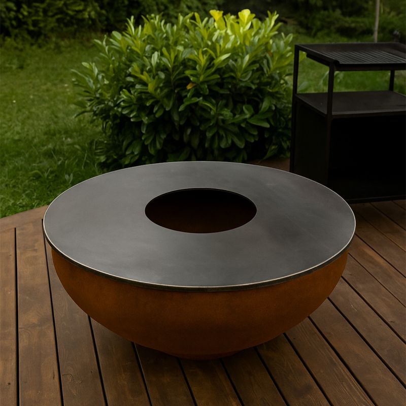 Gratar pe lemn cu plita mare din fonta, otel corten, dia 100xH 53, Pirathos