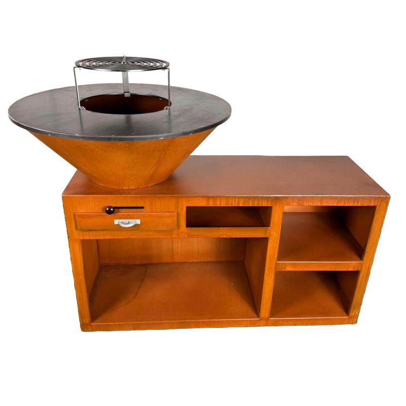 Gratar pe lemn cu plita mare din fonta, spatiu de depozitare, 2 rafturi laterale, otel corten, dia 85x130x100 cm, Helio