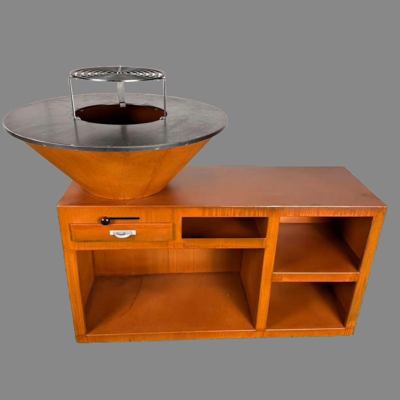 Gratar pe lemn cu plita mare din fonta, spatiu de depozitare, 2 rafturi laterale, otel corten, dia 85x130x100 cm, Helio