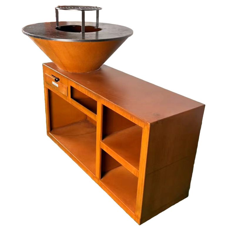 Gratar pe lemn cu plita mare din fonta, spatiu de depozitare, 2 rafturi laterale, otel corten, dia 85x130x100 cm, Helio