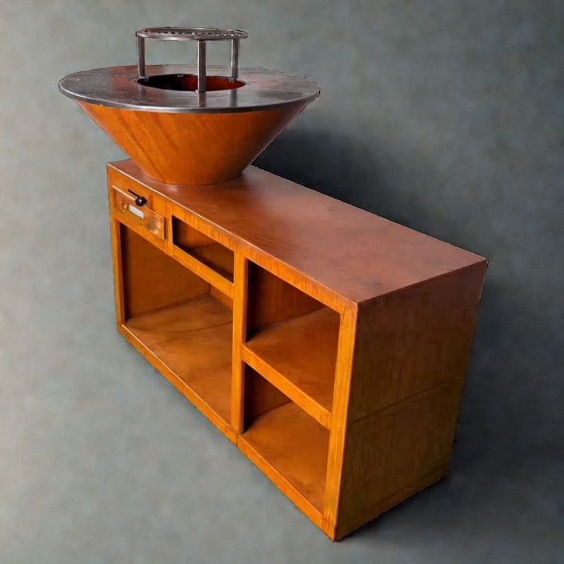 Gratar pe lemn cu plita mare din fonta, spatiu de depozitare, 2 rafturi laterale, otel corten, dia 85x130x100 cm, Helio