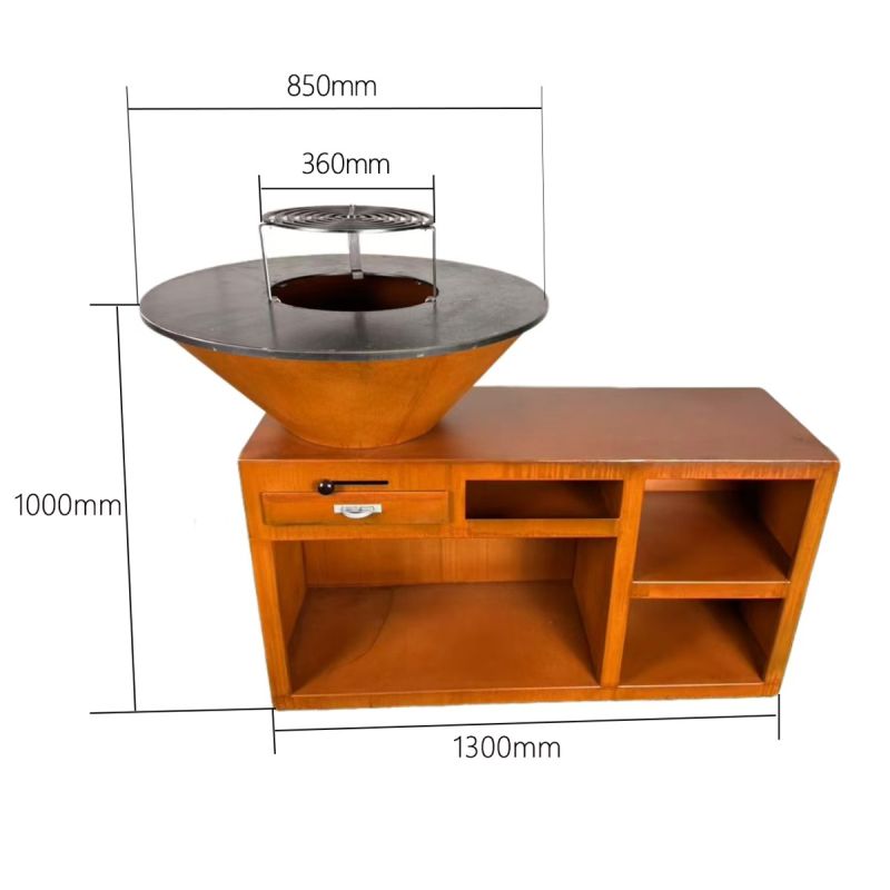 Gratar pe lemn cu plita mare din fonta, spatiu de depozitare, 2 rafturi laterale, otel corten, dia 85x130x100 cm, Helio