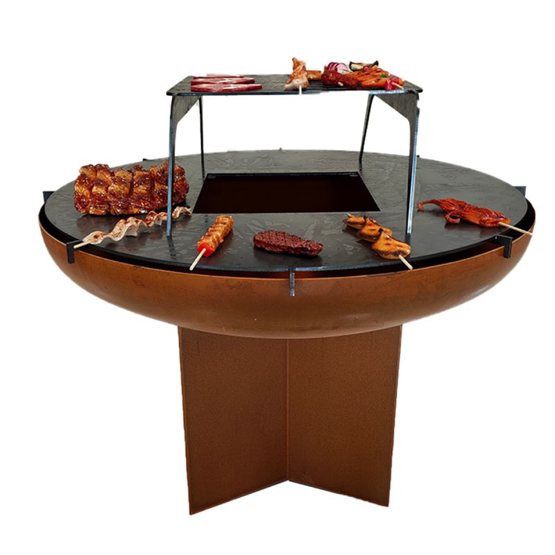 Gratar pe lemn cu plita mare din fonta, Vatra de foc, Multifunctional, din otel corten,  dia 100xH 70 cm, AshCraft