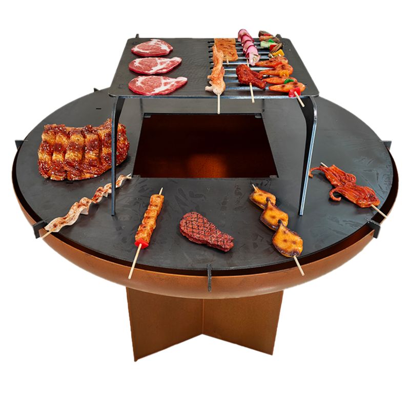Gratar pe lemn cu plita mare din fonta, Vatra de foc, Multifunctional, din otel corten,  dia 100xH 70 cm, AshCraft
