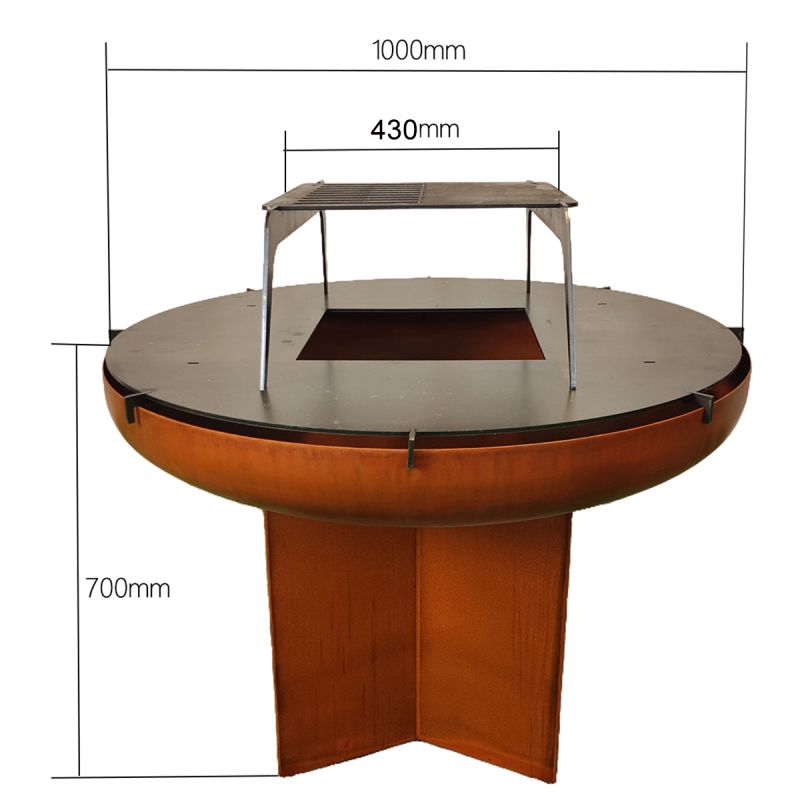 Gratar pe lemn cu plita mare din fonta, Vatra de foc, Multifunctional, din otel corten,  dia 100xH 70 cm, AshCraft