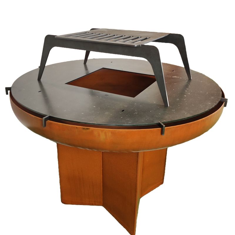 Gratar pe lemn cu plita mare din fonta, Vatra de foc, Multifunctional, din otel corten,  dia 100xH 70 cm, AshCraft