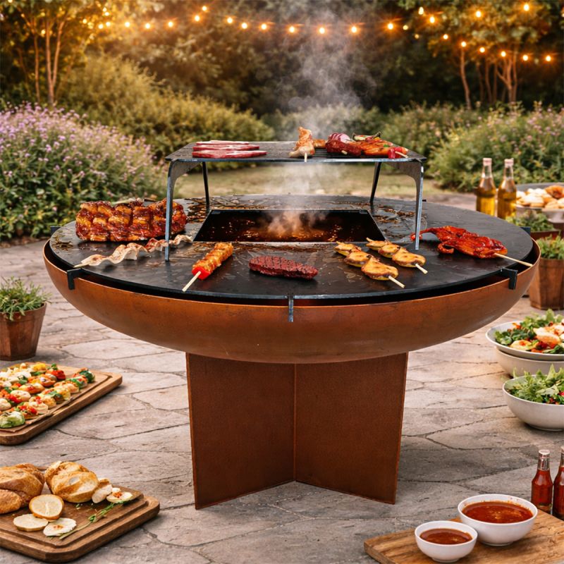 Gratar pe lemn cu plita mare din fonta, Vatra de foc, Multifunctional, din otel corten,  dia 100xH 70 cm, AshCraft