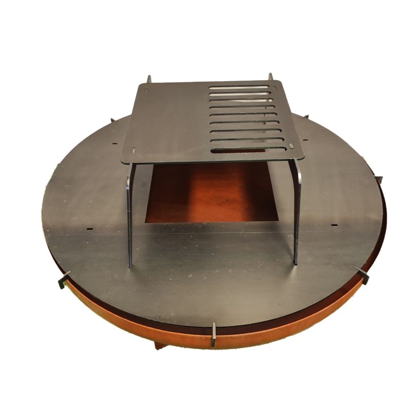 Gratar pe lemn cu plita mare din fonta, Vatra de foc, Multifunctional, din otel corten,  dia 100xH 70 cm, AshCraft