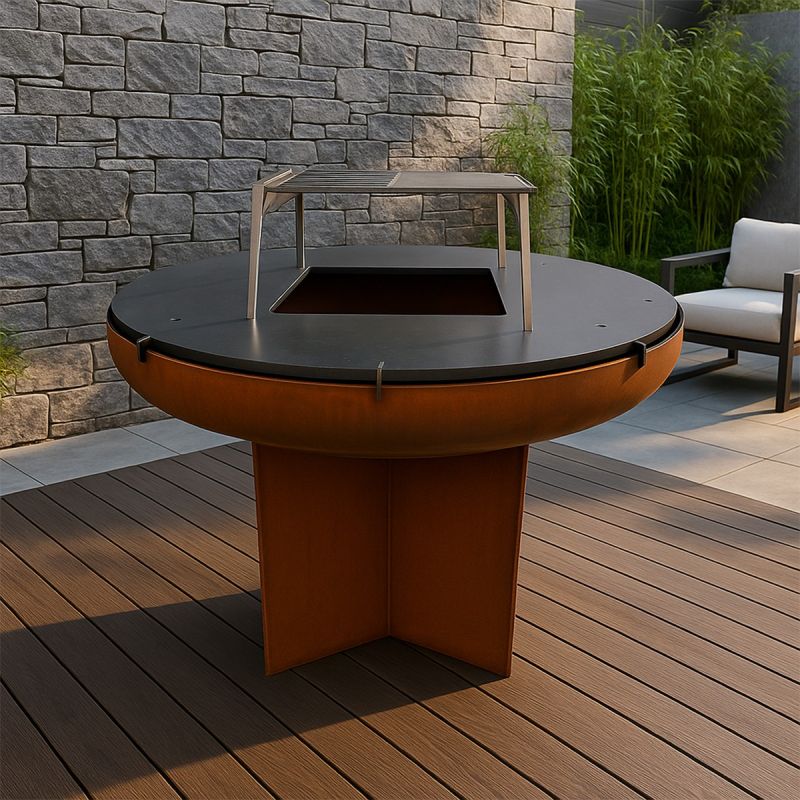 Gratar pe lemn cu plita mare din fonta, Vatra de foc, Multifunctional, din otel corten,  dia 100xH 70 cm, AshCraft