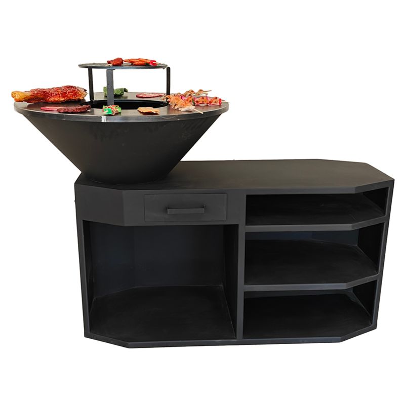 Gratar pe lemn,3 rafturi, cu plita mare din fonta, suport lemne, otel corten, dia 85x130x100 cm, Negru, Solis