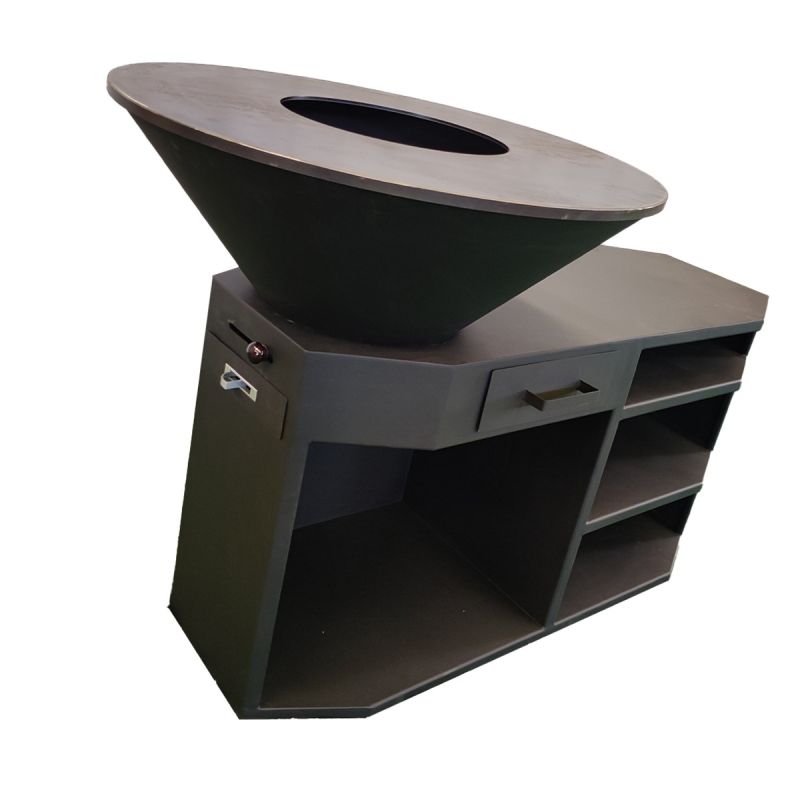 Gratar pe lemn,3 rafturi, cu plita mare din fonta, suport lemne, otel corten, dia 85x130x100 cm, Negru, Solis