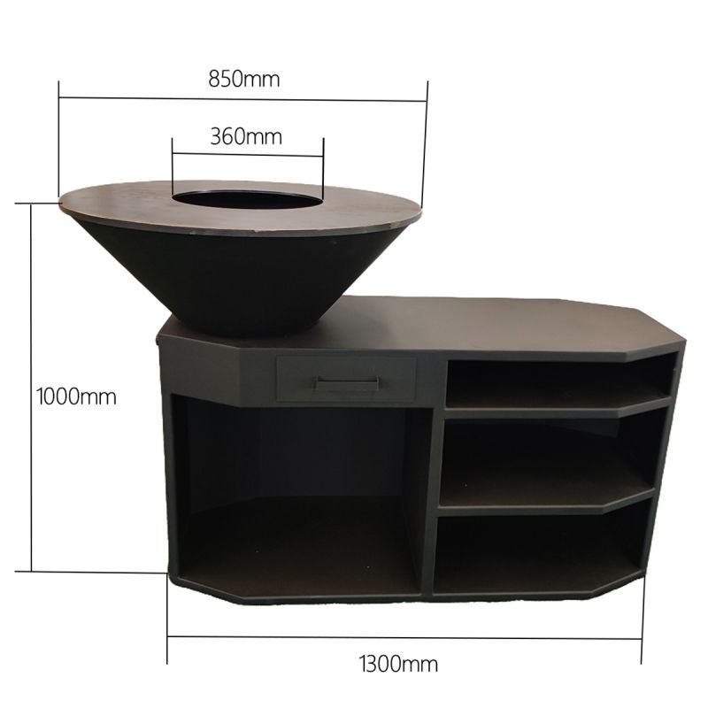 Gratar pe lemn,3 rafturi, cu plita mare din fonta, suport lemne, otel corten, dia 85x130x100 cm, Negru, Solis