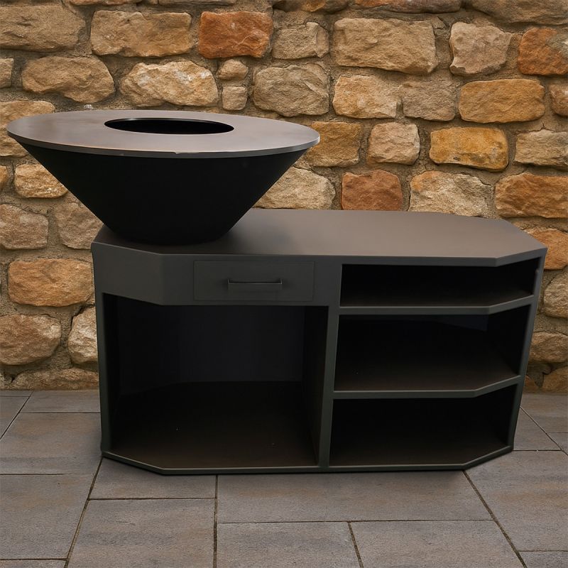 Gratar pe lemn,3 rafturi, cu plita mare din fonta, suport lemne, otel corten, dia 85x130x100 cm, Negru, Solis