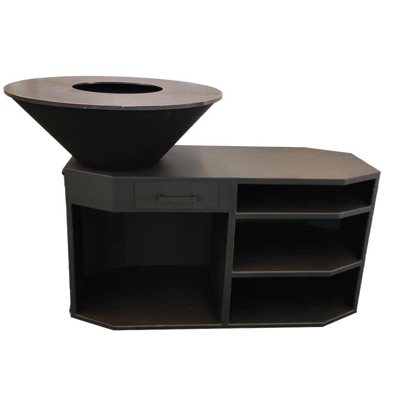 Gratar pe lemn,3 rafturi, cu plita mare din fonta, suport lemne, otel corten, dia 85x130x100 cm, Negru, Solis