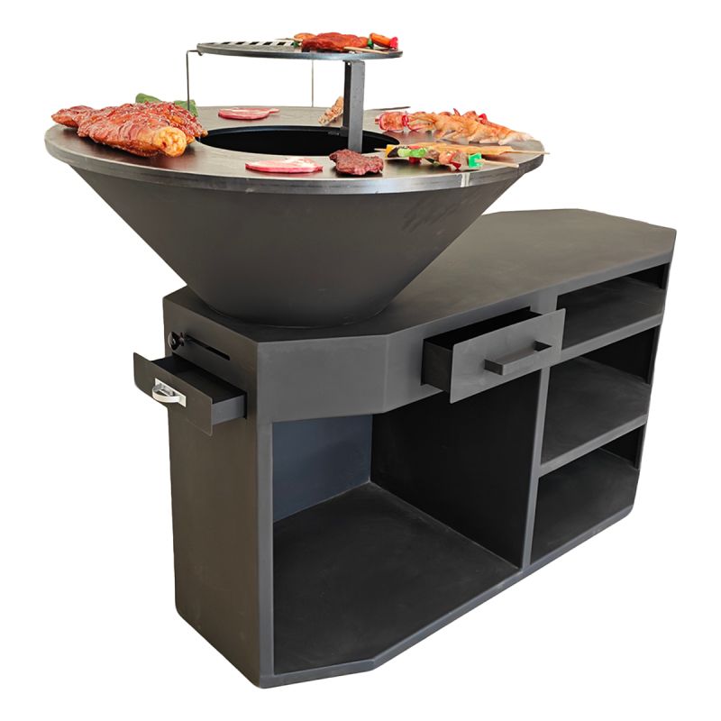 Gratar pe lemn,3 rafturi, cu plita mare din fonta, suport lemne, otel corten, dia 85x130x100 cm, Negru, Solis