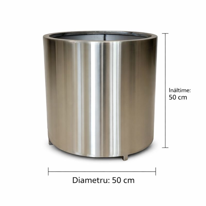 Jardiniera cilindrica, diametru de 50,70,100 cm otel inoxidabil de 1 mm, Crom Mat, Polaris