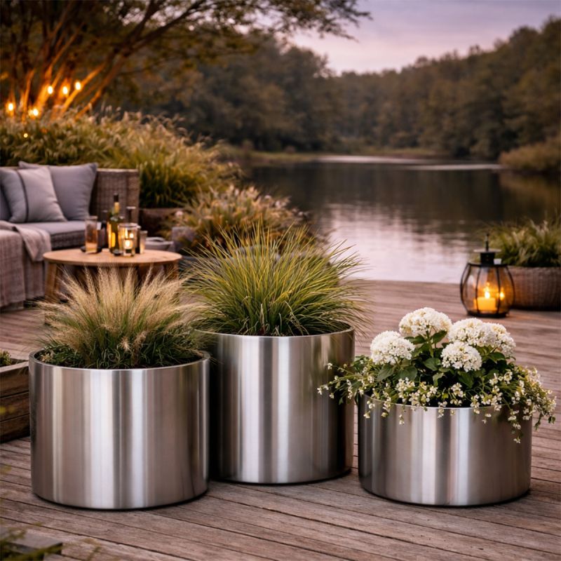 Jardiniera cilindrica, diametru de 50,70,100 cm otel inoxidabil de 1 mm, Crom Mat, Polaris