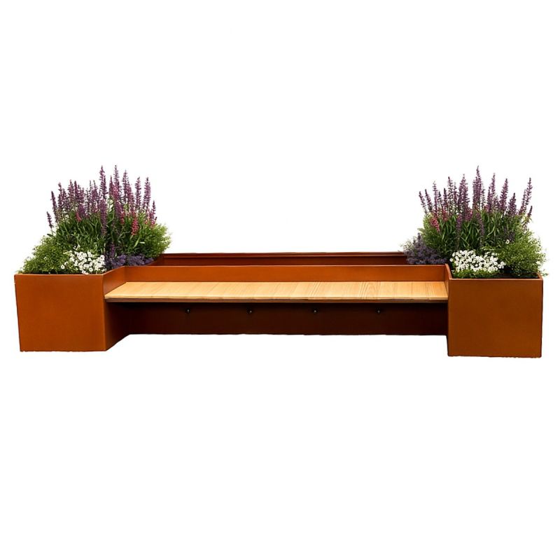 Jardiniera, dimensiune: 300x95x44 cm, otel corten de 2 mm, cu banca integrata din lemn, , FloraStep
