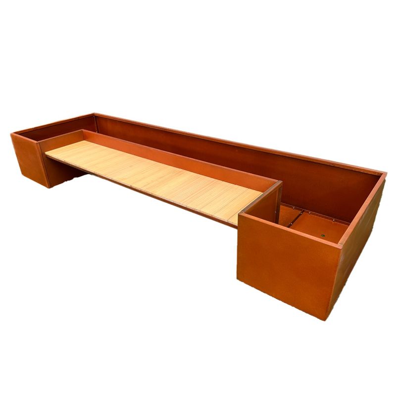 Jardiniera, dimensiune: 300x95x44 cm, otel corten de 2 mm, cu banca integrata din lemn, , FloraStep