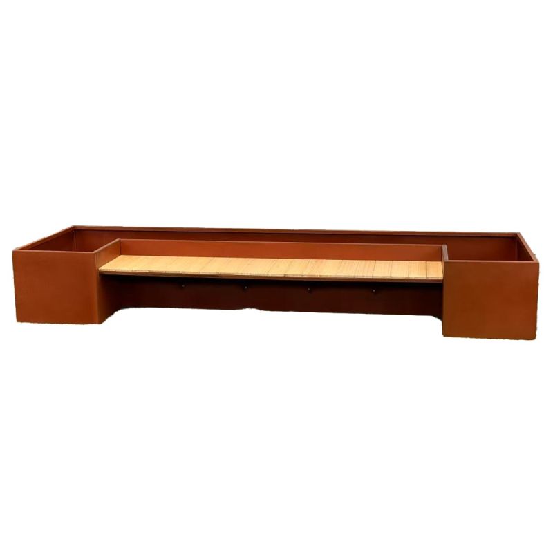 Jardiniera, dimensiune: 300x95x44 cm, otel corten de 2 mm, cu banca integrata din lemn, , FloraStep