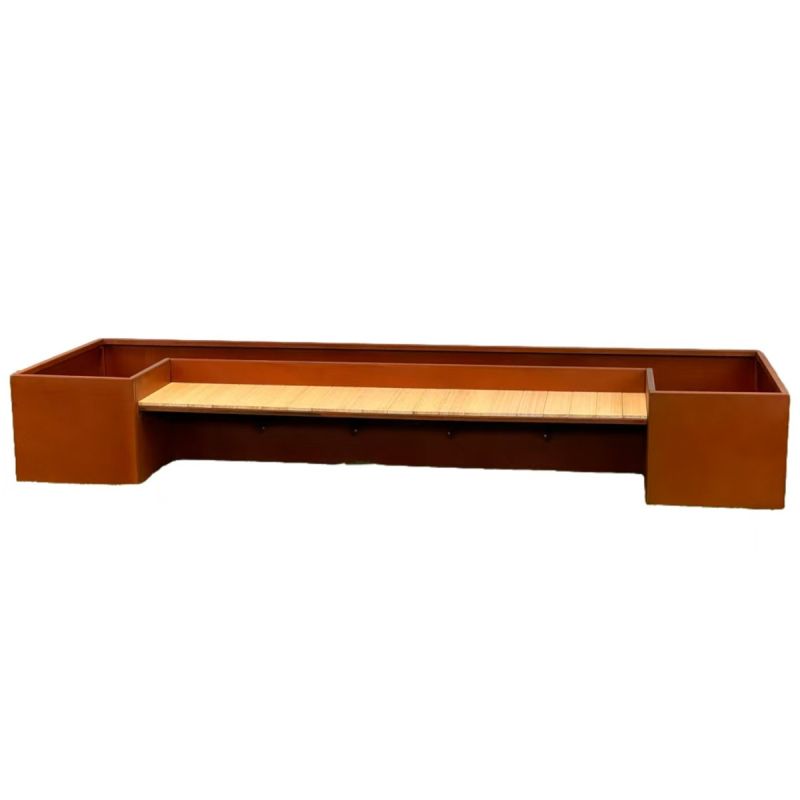 Jardiniera, dimensiune: 300x95x44 cm, otel corten de 2 mm, cu banca integrata din lemn, , FloraStep