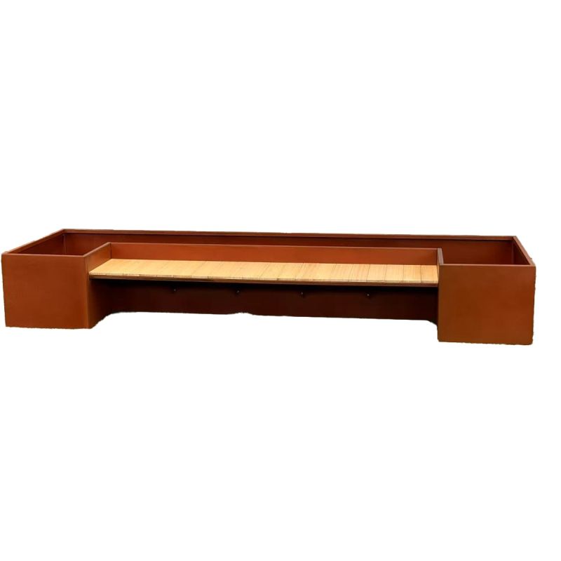 Jardiniera, dimensiune: 300x95x44 cm, otel corten de 2 mm, cu banca integrata din lemn, , FloraStep