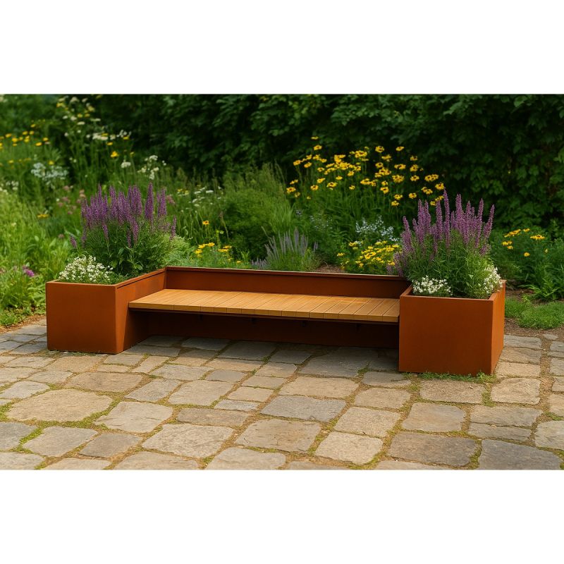 Jardiniera, dimensiune: 300x95x44 cm, otel corten de 2 mm, cu banca integrata din lemn, , FloraStep