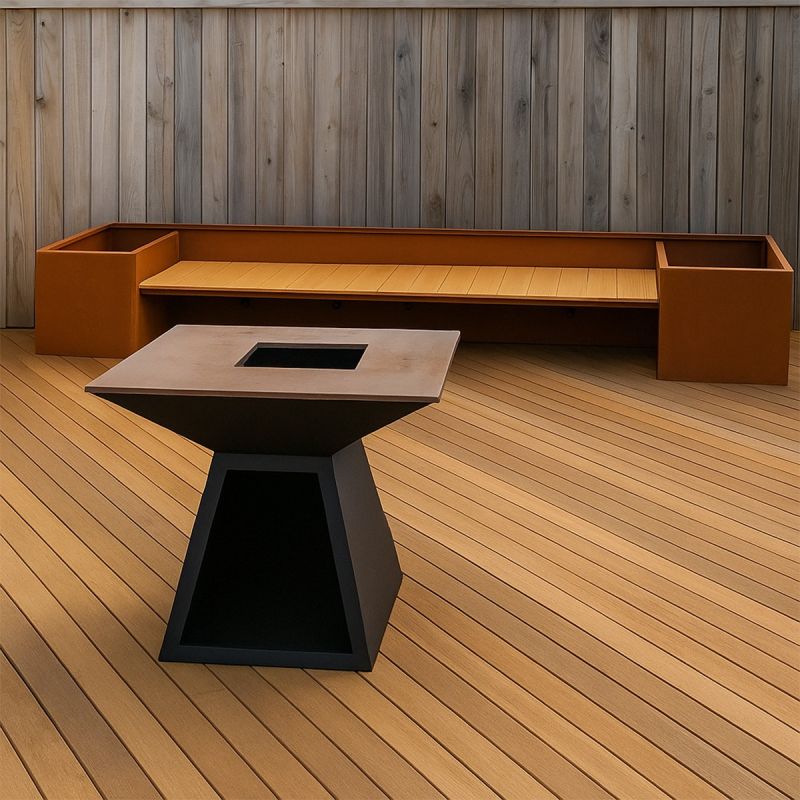 Jardiniera, dimensiune: 300x95x44 cm, otel corten de 2 mm, cu banca integrata din lemn, , FloraStep