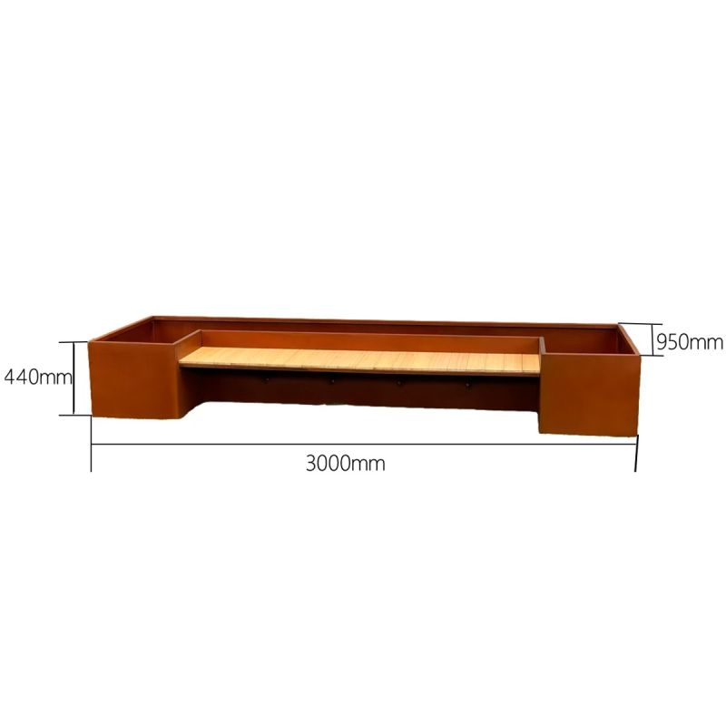 Jardiniera, dimensiune: 300x95x44 cm, otel corten de 2 mm, cu banca integrata din lemn, , FloraStep