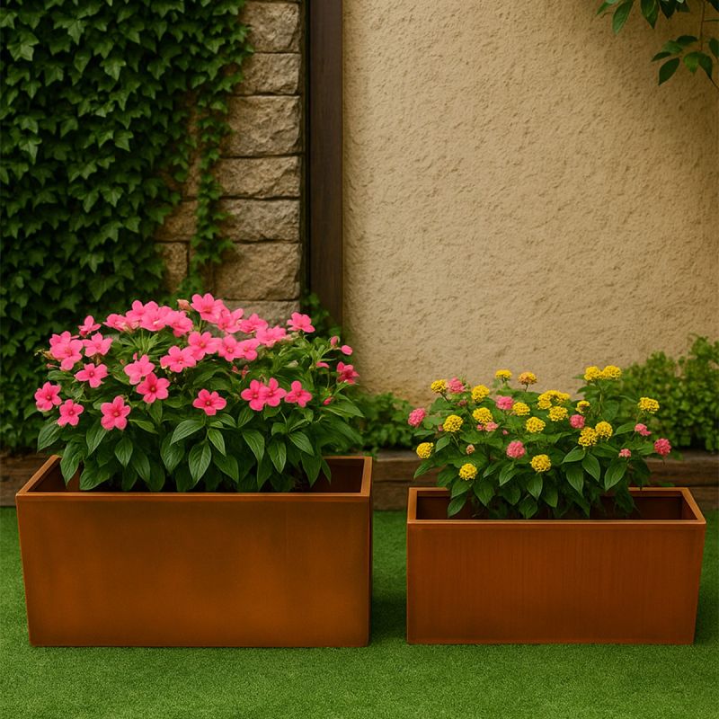 Jardiniera dreptunghiulara, dimensiuni: 100x30x45 sau 120x40x55 cm, otel corten de 2 mm, Bloom