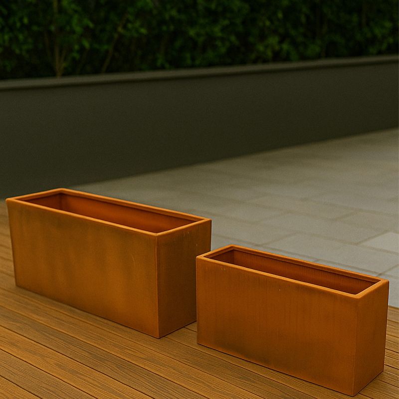 Jardiniera dreptunghiulara, dimensiuni: 100x30x45 sau 120x40x55 cm, otel corten de 2 mm, Bloom