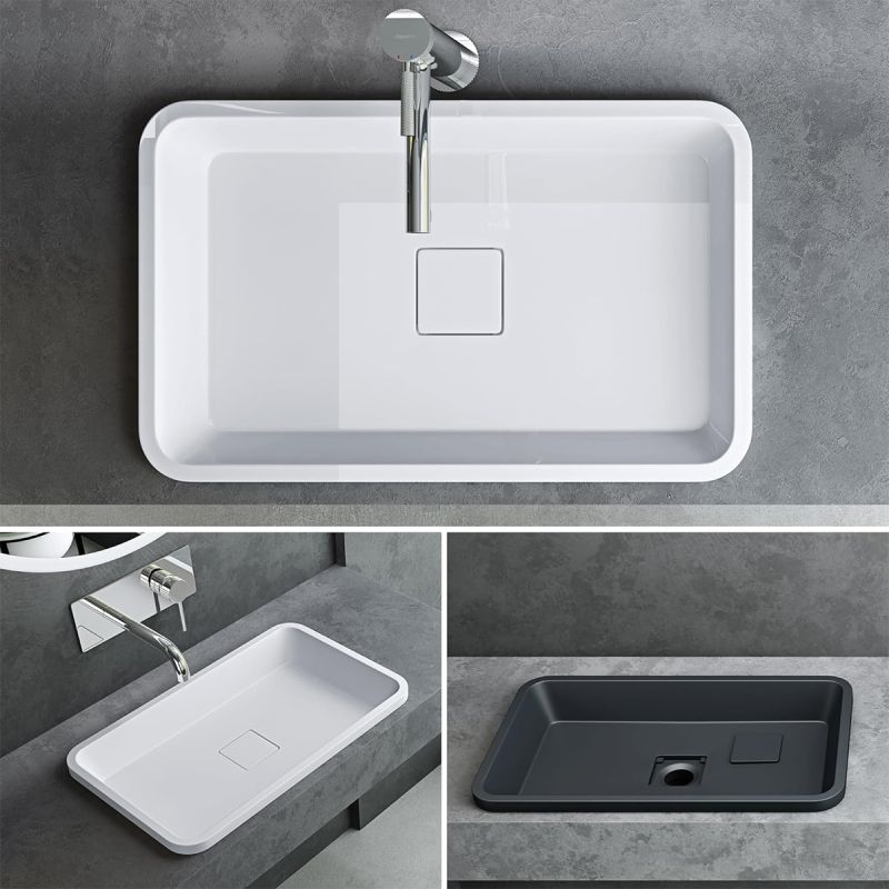 Lavoar 104, Alb, lucios, 60-53x33-38 cm, montaj semi-incastrat, compozit marmura, scurgere ascunsa