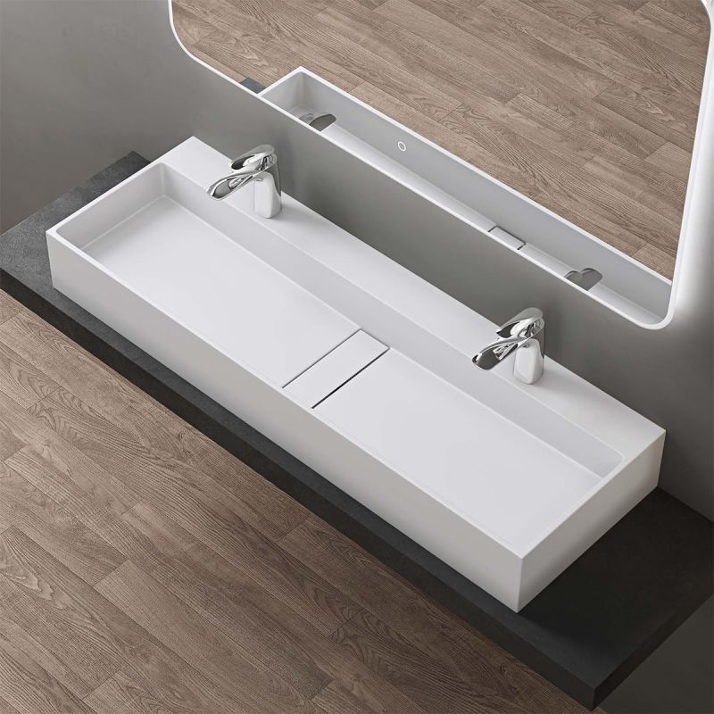 Lavoar 6028, Alb Mat, 120x40 cm, scurgere ascunsa, cu 2 gauri de baterie, montaj pe blat, compozit mineral