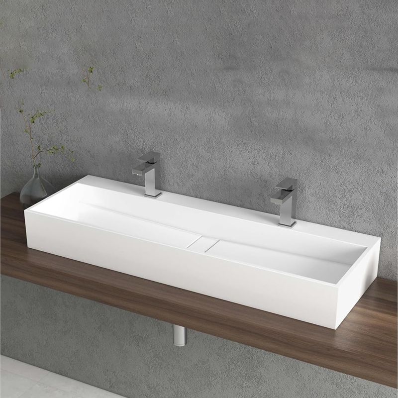 Lavoar 6028, Alb Mat, 120x40 cm, scurgere ascunsa, cu 2 gauri de baterie, montaj pe blat, compozit mineral