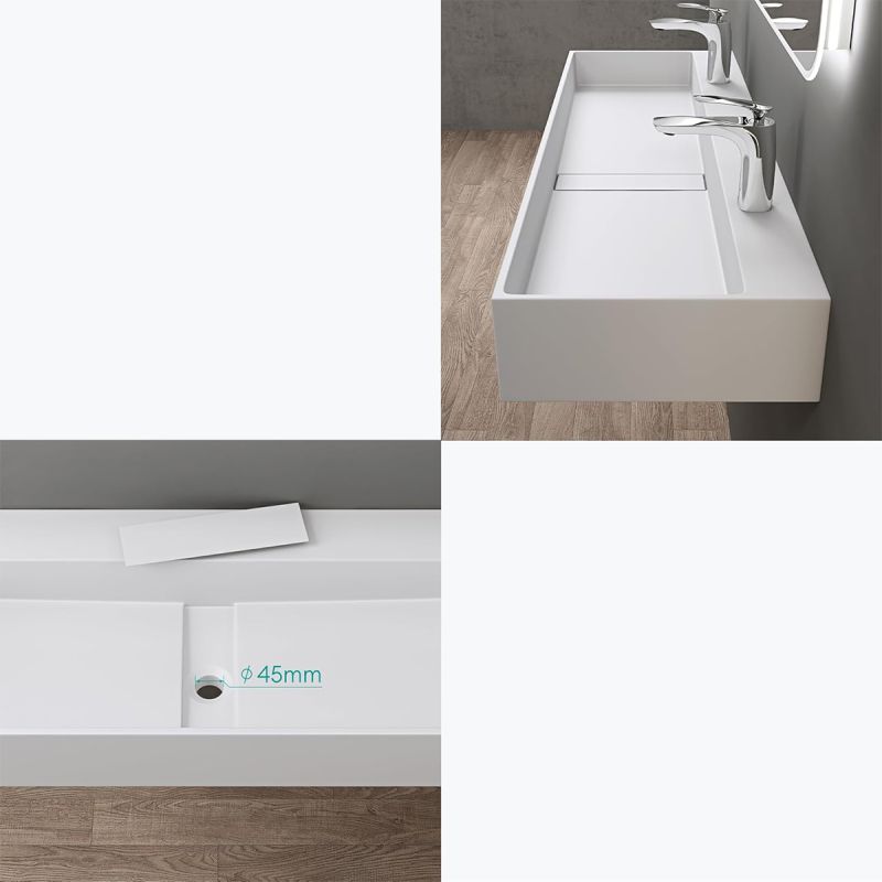 Lavoar 6028, Alb Mat, 120x40 cm, scurgere ascunsa, cu 2 gauri de baterie, montaj pe blat, compozit mineral