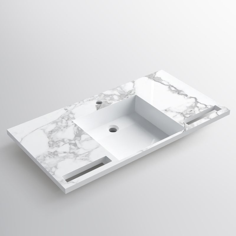Lavoar, Alb finisaj Carrara Arabescato, suport prosoape, compozit, montaj suspendat pe perete sau incastrat, 105-125x55, Fuente