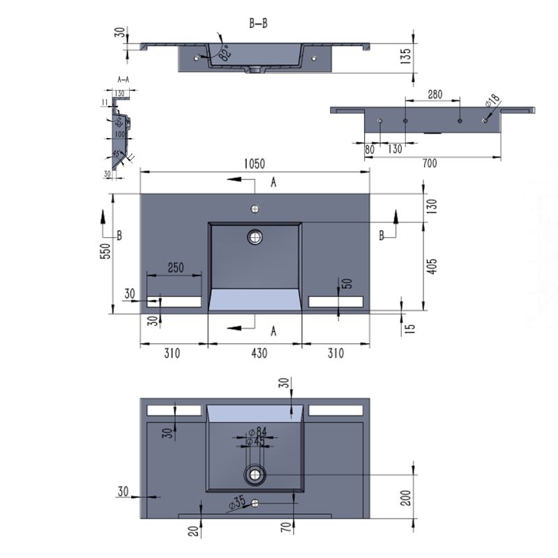Lavoar, Alb finisaj Carrara Arabescato, suport prosoape, compozit, montaj suspendat pe perete sau incastrat, 105-125x55, Fuente